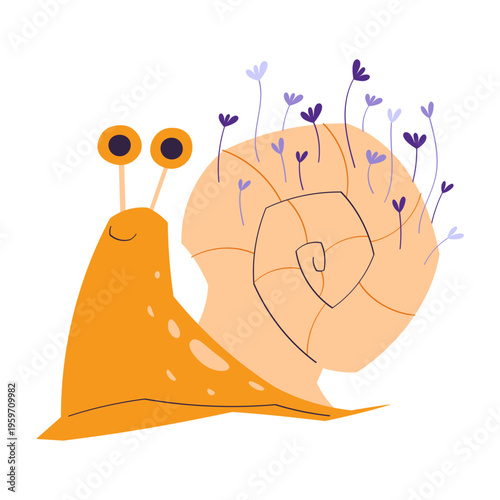Cute snail character. Friendly garden mollusk with simple shapes, decorative nature element, minimal design. Isolated on white background