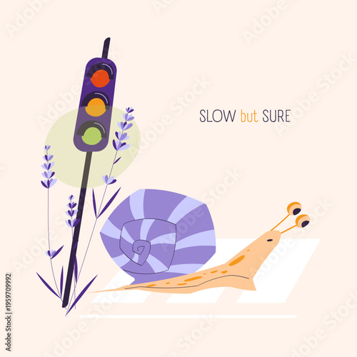 Snail walking across road near traffic light. Slow but sure concept of patience, progress and perseverance, simple decorative design