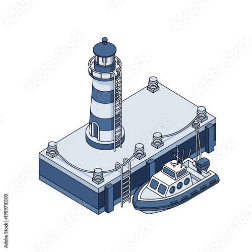 Isometric Lighthouse and Boat on Dock Illustration.