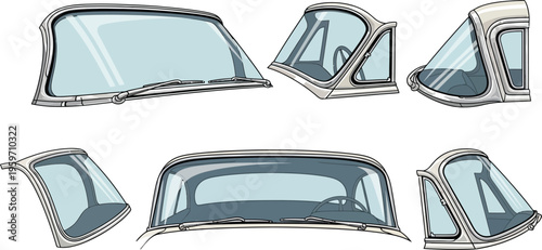 Vector illustration of classic car windshields and rear windows presented from multiple angles for automotive design and repair concepts