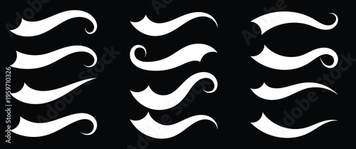 Vector black background  sport tails. Swoosh silhouette for football or athletic lettering. Baseball swoosh text tails. Sports underline curly shapes set. Swirl lines, swish or swash shapes. 