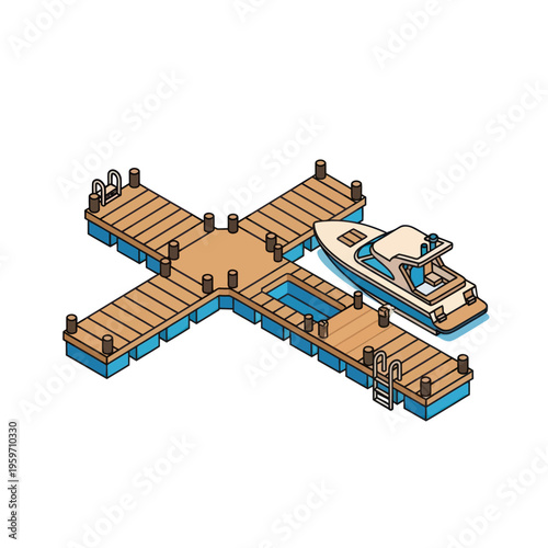 Isometric View of a Cross-Shaped Dock with Boat.