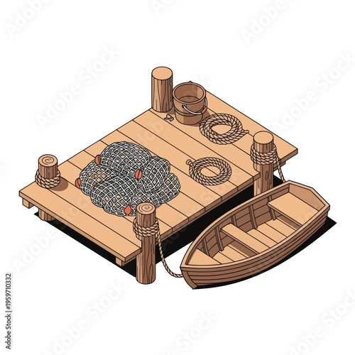 Isometric view of a wooden pier with fishing net and boat.
