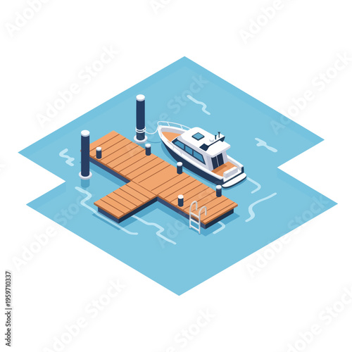Isometric View of a Dock with Boat and Pilings.