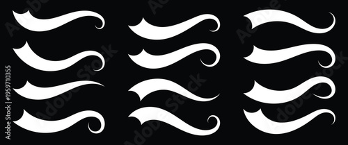 Vector black background  sport tails. Swoosh silhouette for football or athletic lettering. Baseball swoosh text tails. Sports underline curly shapes set. Swirl lines, swish or swash shapes. 