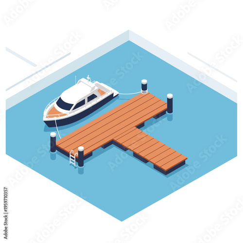 Isometric view of a boat docked at a wooden pier.