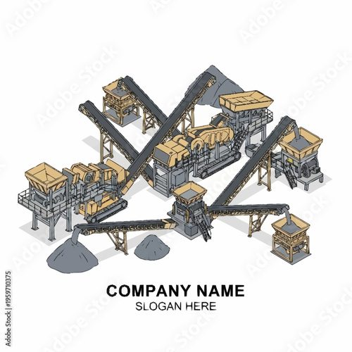 Isometric illustration of a complex industrial crushing and screening plant with multiple conveyor belts and piles of aggregate.