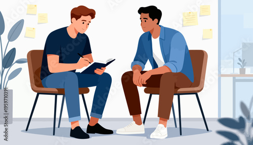 Two men sit facing each other in a calm setting. One writes notes while the other listens attentively. Soft lighting and plants add tranquility to the scene. Ideal for therapy, coaching