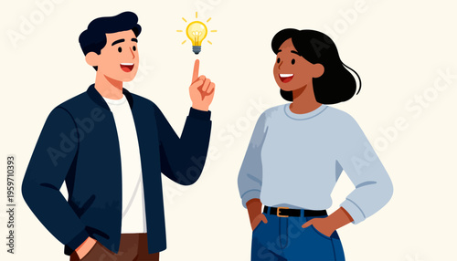 Two people share a bright, joyful moment. One gestures upward with a glowing lightbulb idea. Their smiles show excitement and connection. Perfect for teamwork, innovation, or creative problem-solving