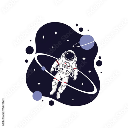 Vector flat design illustration of an astronaut floating in space with a planet and stars on a dark blue background.