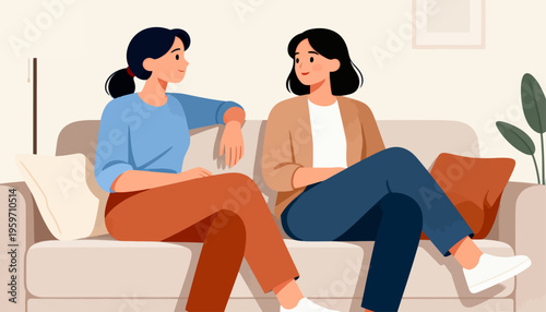 Two women chat comfortably on a modern couch. They smile, sharing a warm, relaxed conversation. Cozy living room with soft lighting and green plant accents. Perfect for scenes of friendship, teamwork