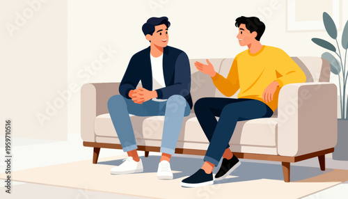 Two men sit on a couch, chatting casually. One gestures while speaking, the other listens attentively. The room is bright, with soft lighting and a potted plant nearby