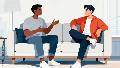 Two men sit on a couch, engaged in a calm conversation. One gestures with open hands, showing attentiveness. The other leans back, listening thoughtfully. Bright, modern room suggests a relaxed