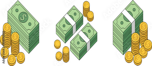 Isometric vector illustration set of green paper money banknotes bundles and stacks of gold dollar coins for financial growth and banking wealth concepts.