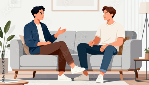 Two men sit on a couch, engaged in conversation. One gestures while speaking, showing attentiveness. The other listens, relaxed and thoughtful. Soft lighting and clean decor create a calm setting