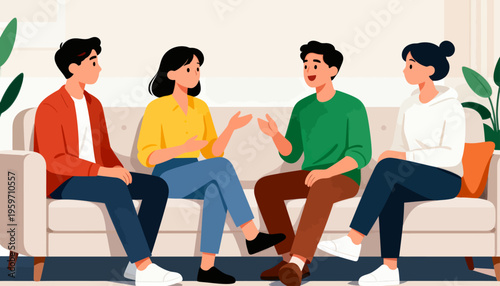 Four friends chat warmly on a cozy couch. Their smiles and gestures show joyful connection. Lively conversation flows between cheerful, engaged faces. Perfect for themes of friendship, teamwork