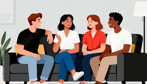 Four friends chat on a cozy couch. They smile, laugh, and gesture with ease. Warm lighting and soft colors create a welcoming mood. Perfect for social, friendship, or team collaboration scenes