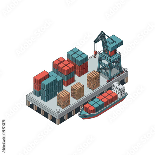 Isometric Port Scene with Cargo Ship and Container Crane.