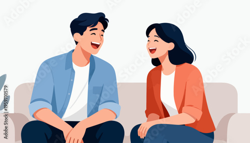 Two friends laugh together on a cozy sofa. Their smiles show joyful connection and warmth. Bright, soft colors make the scene feel welcoming. Perfect for content about friendship, happiness