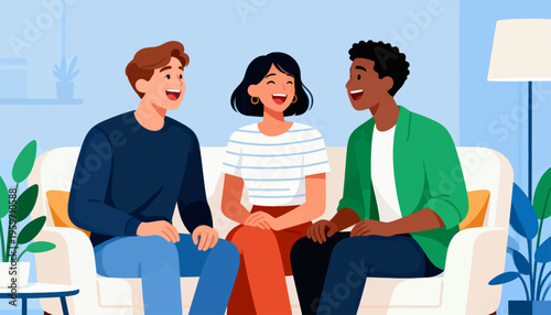 Three friends laugh together on a cozy sofa. Warm smiles fill the scene with joy and connection. Soft lighting and greenery add comfort to the moment. Ideal for social, lifestyle