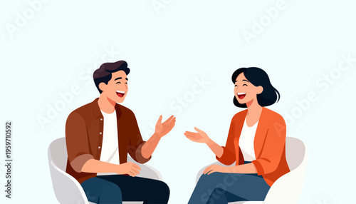 Two people laugh while sitting opposite each other. They gesture animatedly, sharing joyful conversation. Their smiles convey warmth and genuine connection. Perfect for illustrating friendly chat