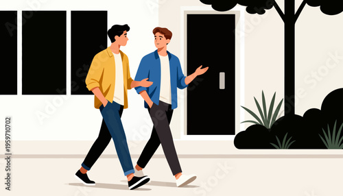 Two young men stroll casually past a modern home. One gestures as if explaining something important. Their expressions show friendly engagement, not urgency