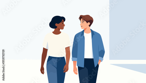 Two people walk side by side, sharing a quiet moment. They face each other, suggesting conversation or connection. Soft colors and clean lines create a calm, friendly atmosphere