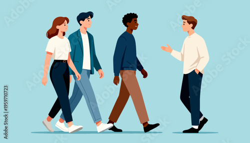 Four diverse people walk side by side across a light blue background. They share a relaxed, casual pace, suggesting camaraderie or friendship. Each person displays a subtle, neutral expression
