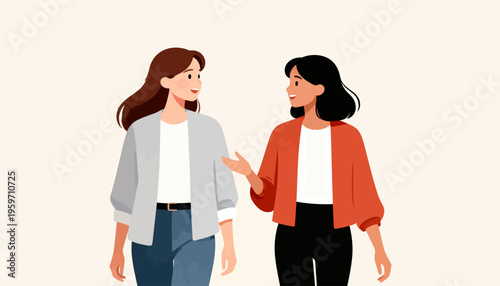 Two women walk side by side, chatting warmly. One gestures with her hand, sharing an idea. Their smiles show mutual comfort and engagement. Soft pastel tones give calm, friendly atmosphere