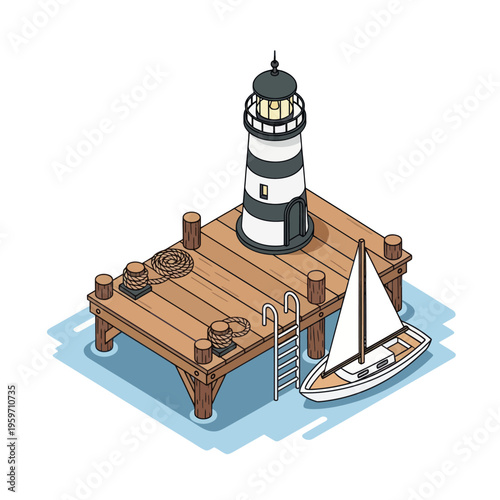 Isometric Lighthouse on Wooden Pier with Sailboat Illustration.