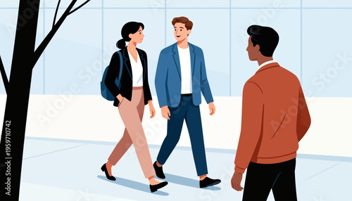 Three people walk together in a modern, open space. Woman carries a backpack and walks beside a man in a blazer. The third person, seen from behind, wears a brown sweater