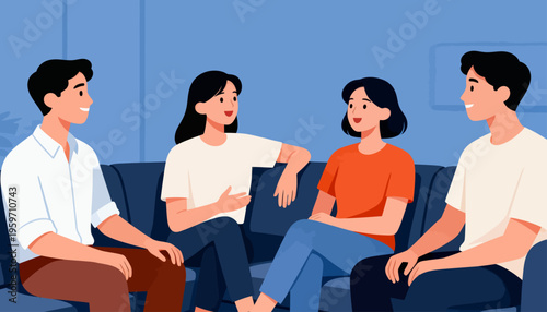 Four friends chat warmly on a cozy couch. They smile, leaning in with relaxed, friendly gestures. Soft blue walls frame their casual, intimate gathering