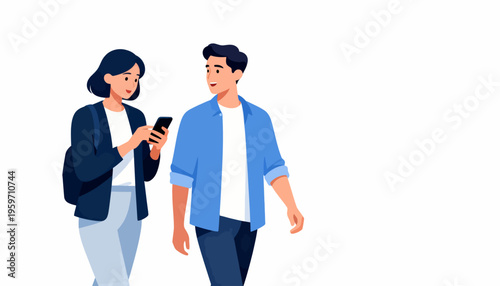 Two people walk side by side, engaged in conversation. One holds a phone, glancing at it often. They appear calm, focused, and relaxed. Ideal for illustrating daily communication or tech use