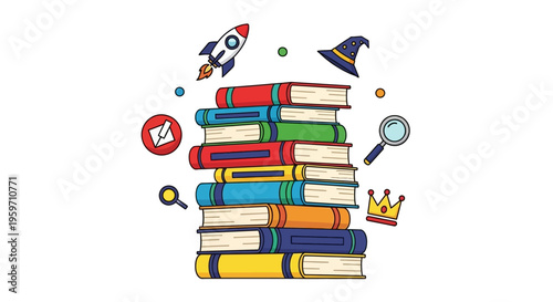 Stack of Colorful Books with Imagination and Learning Icons