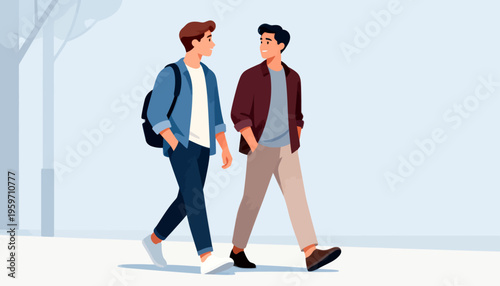 Two young men stroll side by side, engaged in conversation. One carries a backpack, the other wears a jacket. They walk on a quiet sidewalk beneath leafless trees