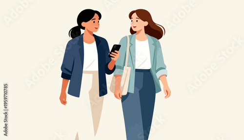 Two women walk side by side, chatting and smiling. One holds a phone, showing something on screen. They wear casual outfits, matching light tones. Their expressions suggest friendliness and connection