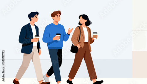 Three people stroll side by side, holding coffee cups. They walk with relaxed smiles, chatting casually. The scene suggests a friendly, urban moment. Ideal for content on teamwork, daily commutes