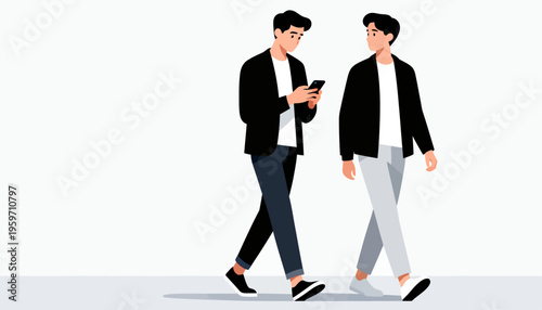 Two men walk side by side, one checking his phone. They stroll casually, dressed in smart casual wear. Their expressions show mild focus and neutral mood. Ideal for digital lifestyle, urban commute