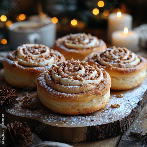 Cinnamon rolls with icing on a wooden board.