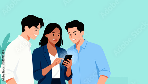 Three friends gather around a smartphone. They smile, showing interest in what's displayed. The woman holds the device, guiding the group. Pastel tones create a friendly, modern vibe