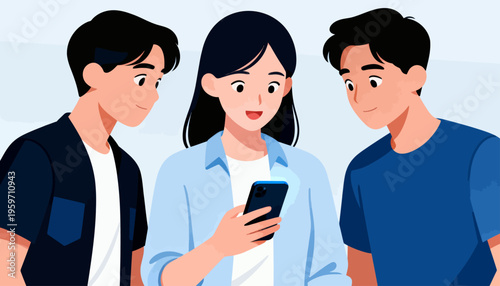 Three friends gather around a smartphone together. The woman holds the phone, showing something exciting. They all look engaged, smiling with curiosity and joy. Perfect for social media, teamwork