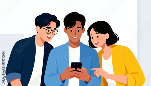 Three friends share joyful moments together. They focus on a phone screen, smiling brightly. Their expressions show excitement and connection. Perfect for social media or group collaboration themes