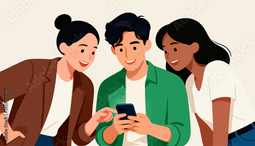 Three friends gather around a smartphone. They share smiles, showing joy and connection. The scene captures modern friendship through tech. Perfect for social media or digital communication themes