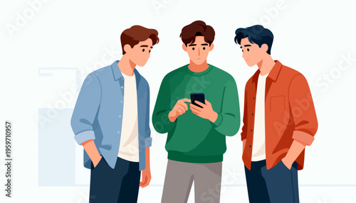 Three young men stand together, focused on a smartphone. One holds the phone, showing something to his friends. They appear curious and engaged, sharing a moment