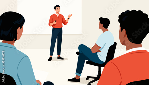 Man stands, gesturing to an audience. Audience listens attentively, seated around him. He appears engaged, presenting ideas with passion. Illustration style suits business or educational settings
