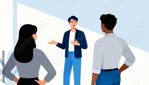 Three people engage in a casual, professional conversation. One person gestures, conveying ideas with open hands. Another listens attentively, leaning slightly forward. Third stands with hands on hips