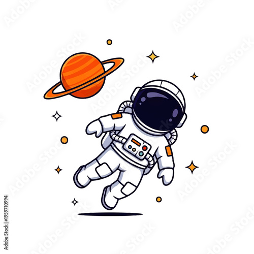 Vector flat design illustration of an astronaut floating in space with a planet and stars on a white background.