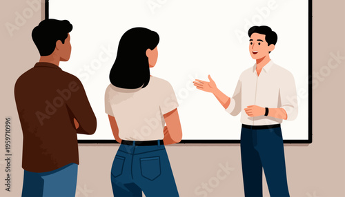 Man gestures while speaking to two listeners. He smiles warmly, showing confidence and engagement. Audience members face him, absorbing his message attentively