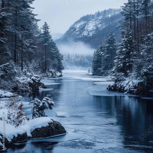Snow-covered river flowing through a winter forest.