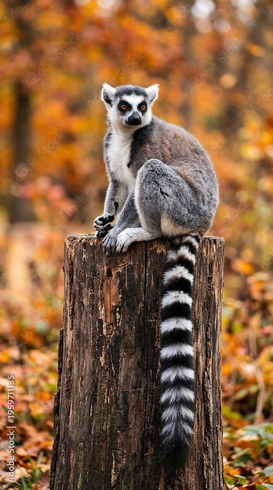 Fototapeta premium Ring-tailed lemur sitting on tree stump, exotic primate in autumn forest, wild lemur catta portrait